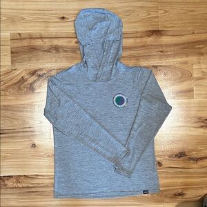 Patagonia women’s Gray Hooded Long Sleeve Shirt with Logo
